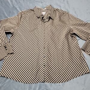 Chicos Shirt Womens 16/18 Petite Black No Iron‎ Button Down Brown Striped Size 2